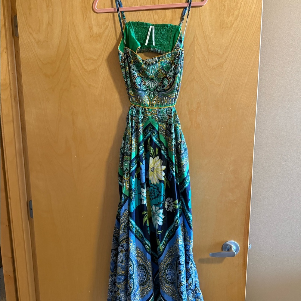 Vibrant Anthropologie Green and Blue Patterned MidiDress